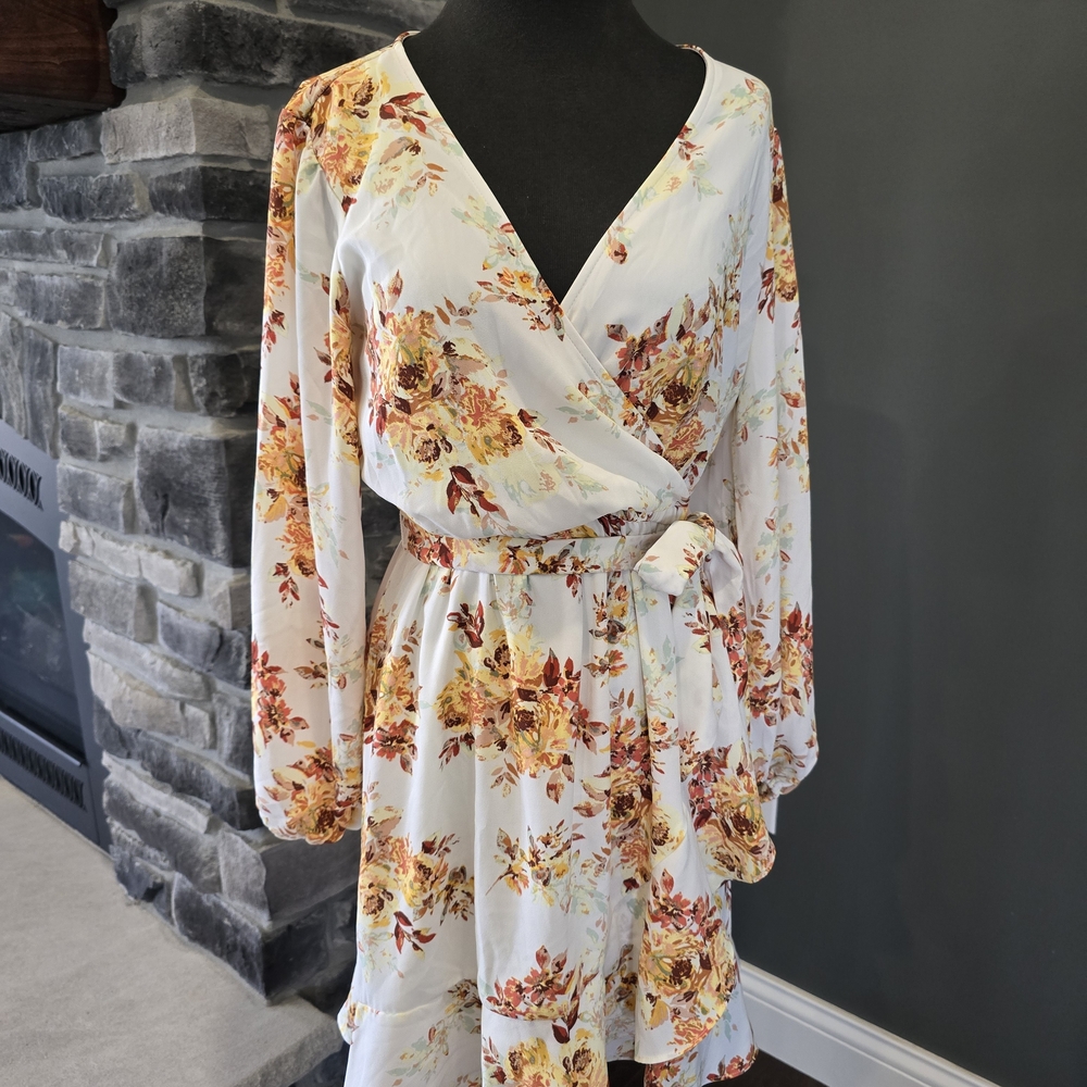 LC Lauren Conrad Cream Floral Wrap Dress with Yellow and Rust Accents